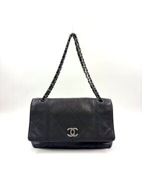 Chanel Diamond Stitch Lambskin Black Chain Shoulder Bag Silver